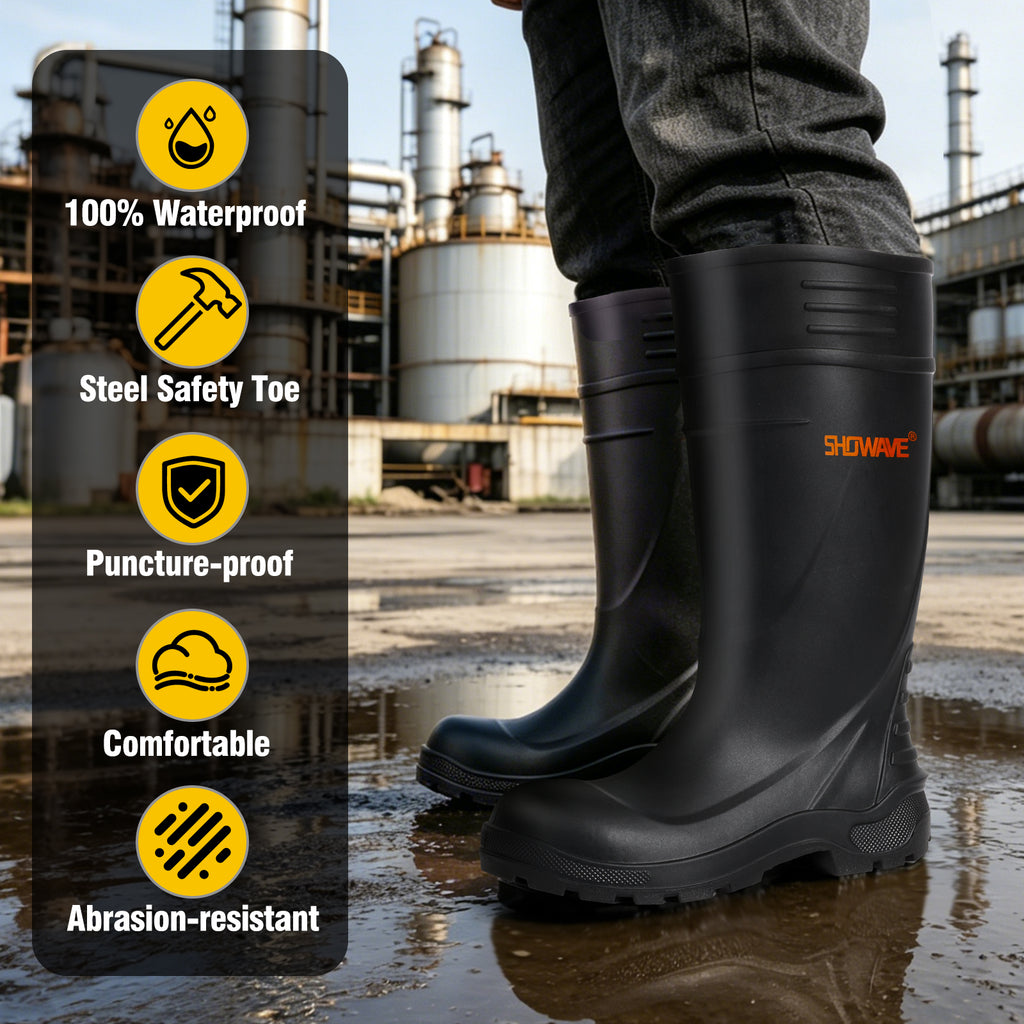 Showave Men's Steel Toe Rubber Work Boots – Waterproof Mid-Calf Boot