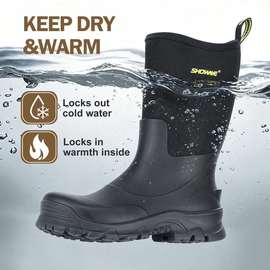 Showave Men's 13" Rubber Work Boots Steel Toe Rain Boots Waterproof Hunting Boot for Farming Construction Fishing Outdoor