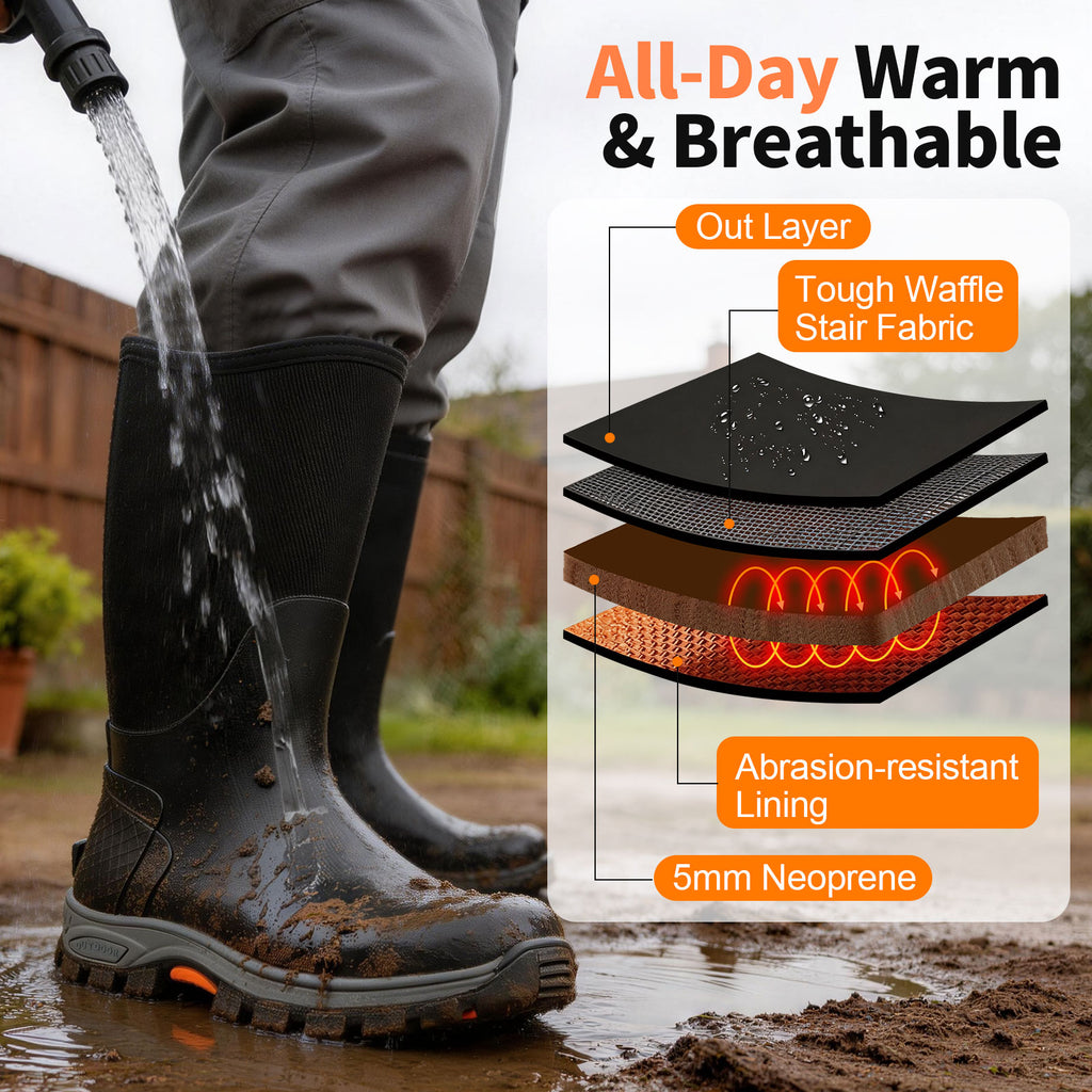 Showave Men's Rubber Hunting Boots Waterproof Rain Boots Insulated Neoprene Mud Boot Durable Arctic Outdoor Working Boot with Steel Shank