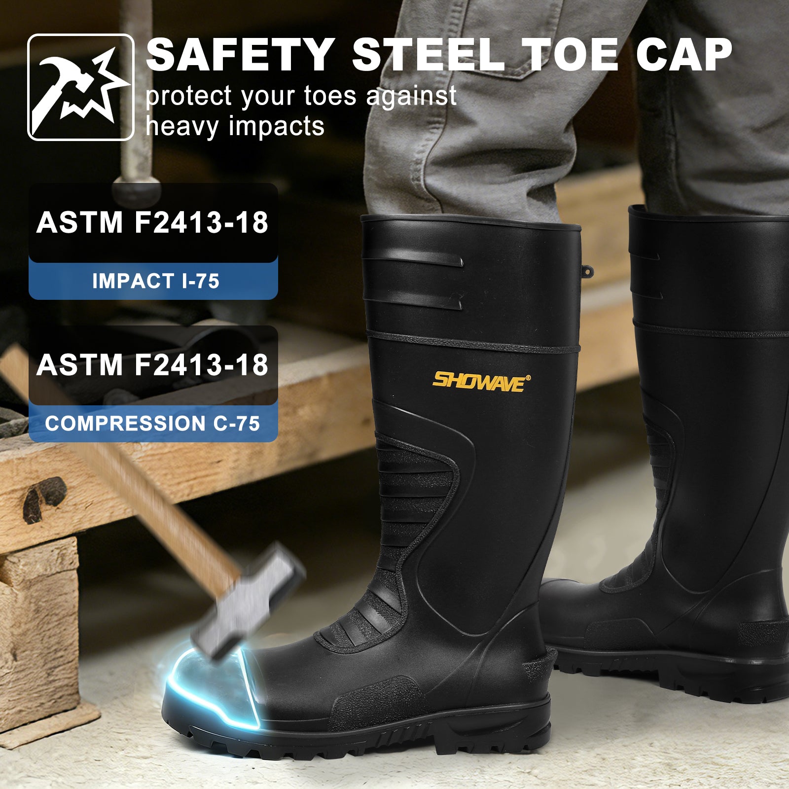 Showave Men's Steel Toe Rubber Boots – Kevlar Puncture-Proof Waterproof Work Boot for Construction & Agriculture
