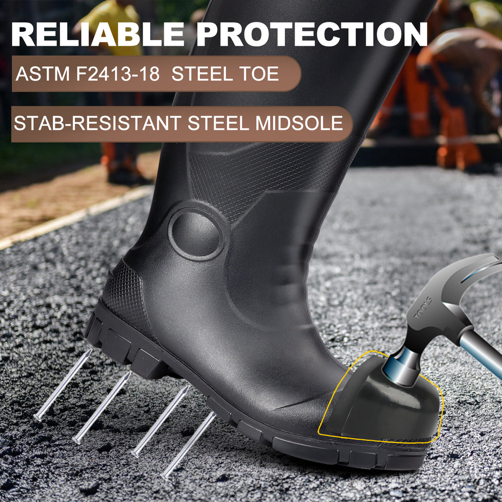 Showave Men's Steel Toe Rubber Work Boots – Waterproof Mid-Calf Boot