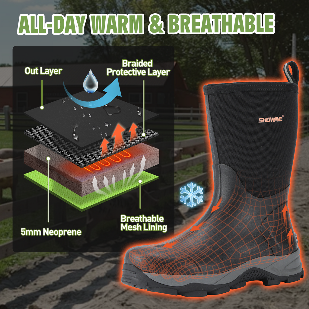 Showave Men's Mid Calf Rubber Work Boots Waterproof Insulated Rain Boots for Outdoor Mud Gardening