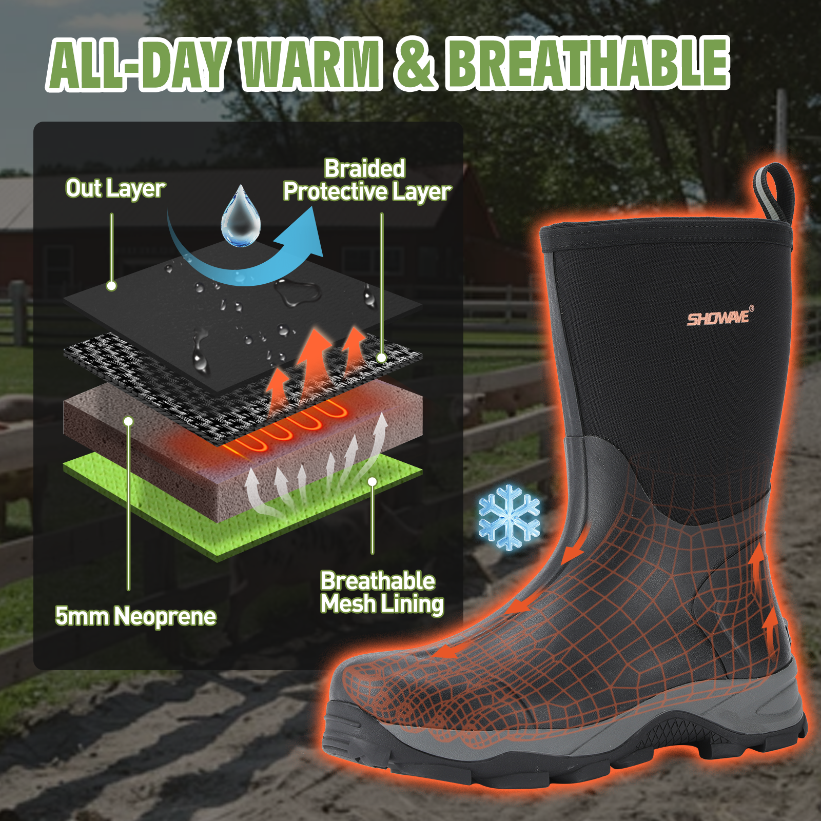 Showave Men's Mid Calf Rubber Work Boots Waterproof Insulated Rain Boots for Outdoor Mud Gardening