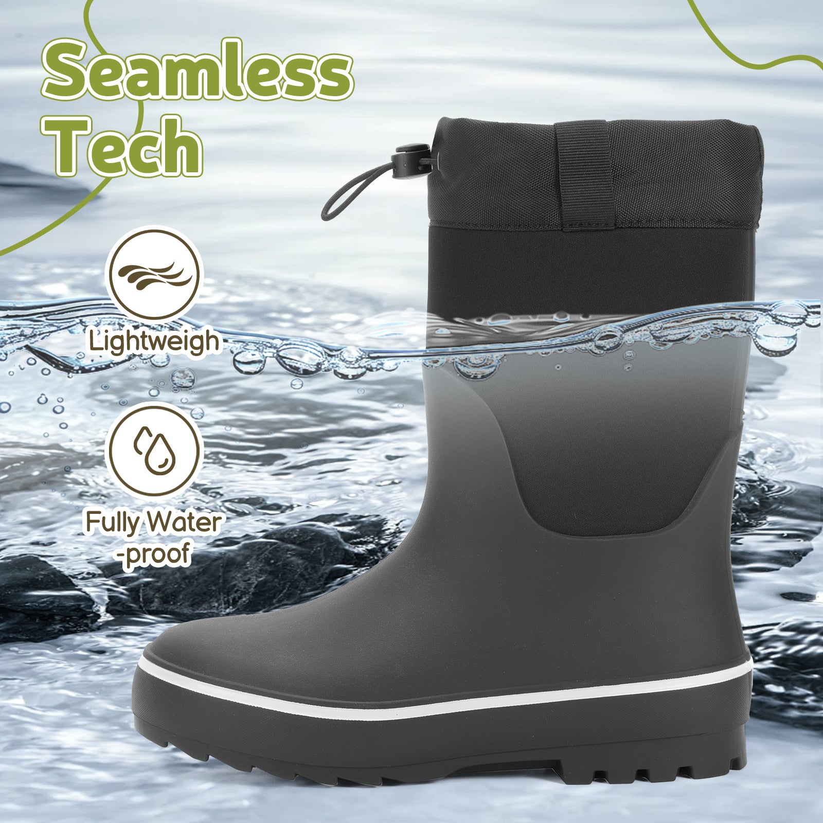 Showave Kid's Rain Boots for Boys & Girls - Waterproof Durable Rubber Mid-Calf Mud Boots