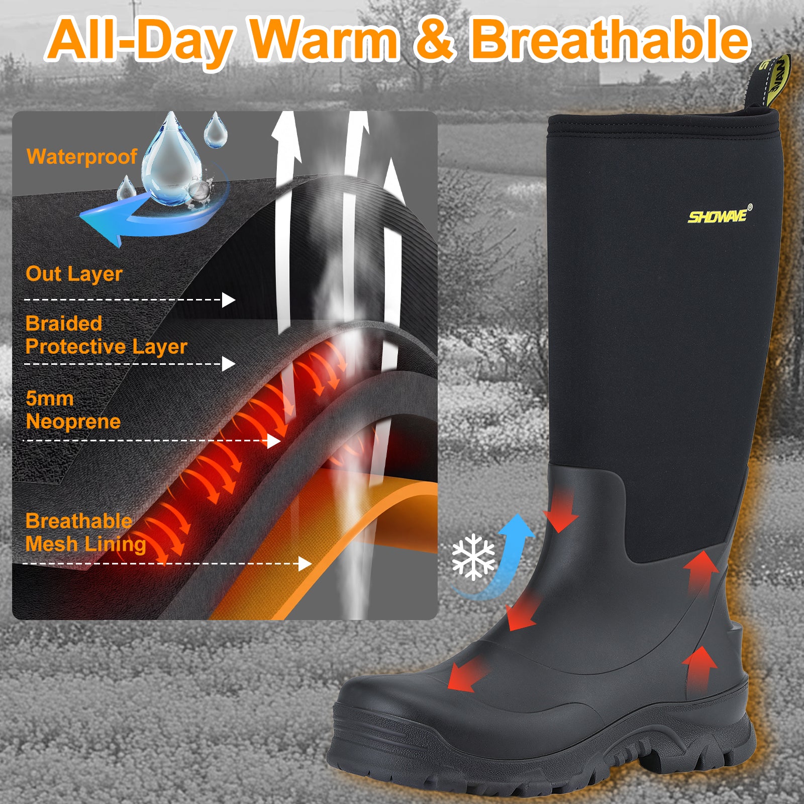 Showave Men's Knee High Waterproof Rubber Rain Boots - Insulated Mud Boot for Hunting & Outdoor