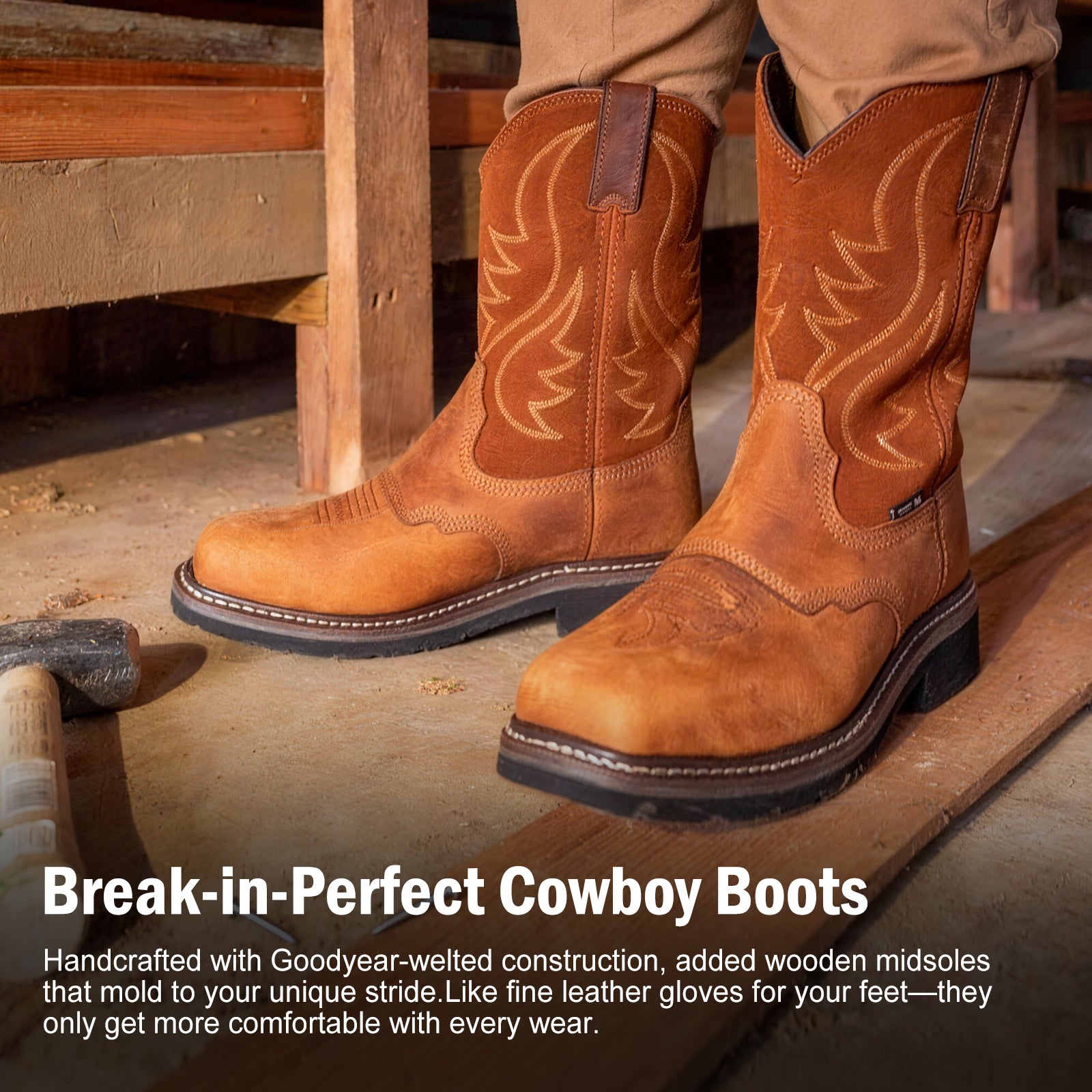 Showave Steel Toe Cowboy Boots for Men Western Square Toe Work Boot Full-grain Leather Safety Boots with Hazard Protection for Construction Manufacture Farming