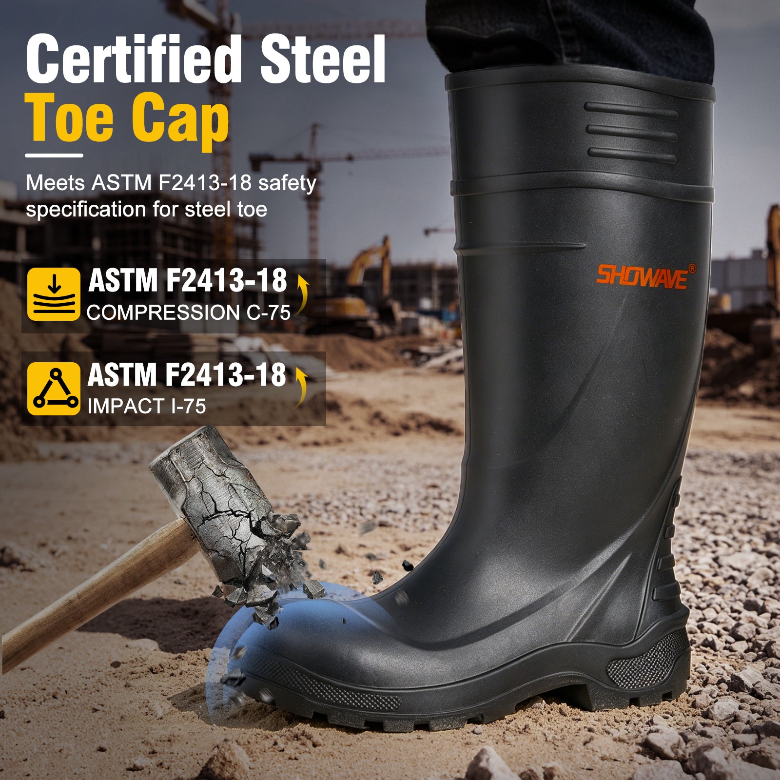 Showave Men's Steel Toe Rubber Work Boots – Waterproof Mid-Calf Boot