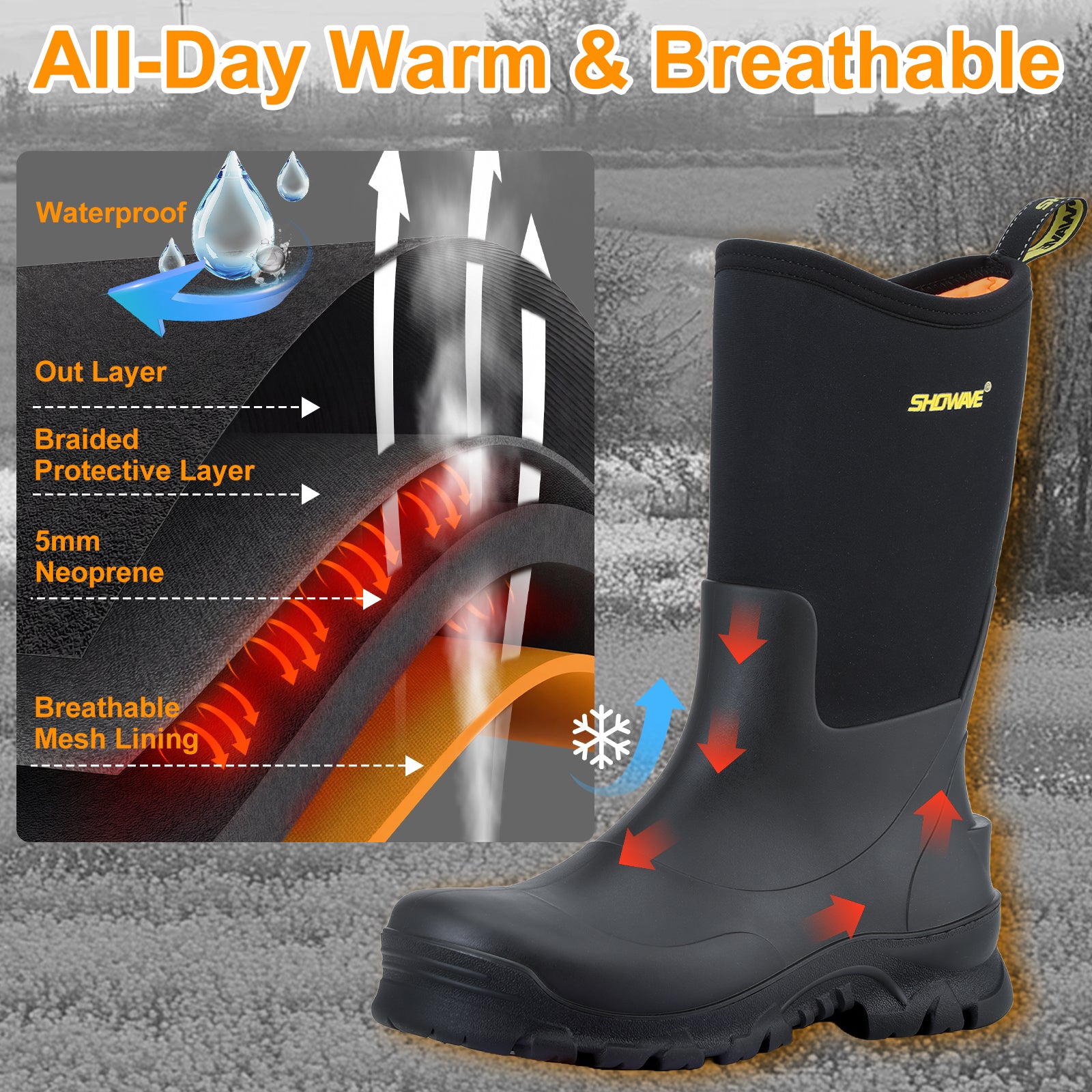Showave Men's Rain Boots Mid Calf Mud Boot - Waterproof Insulated Rubber Boots for Gardening, Work & Outdoor