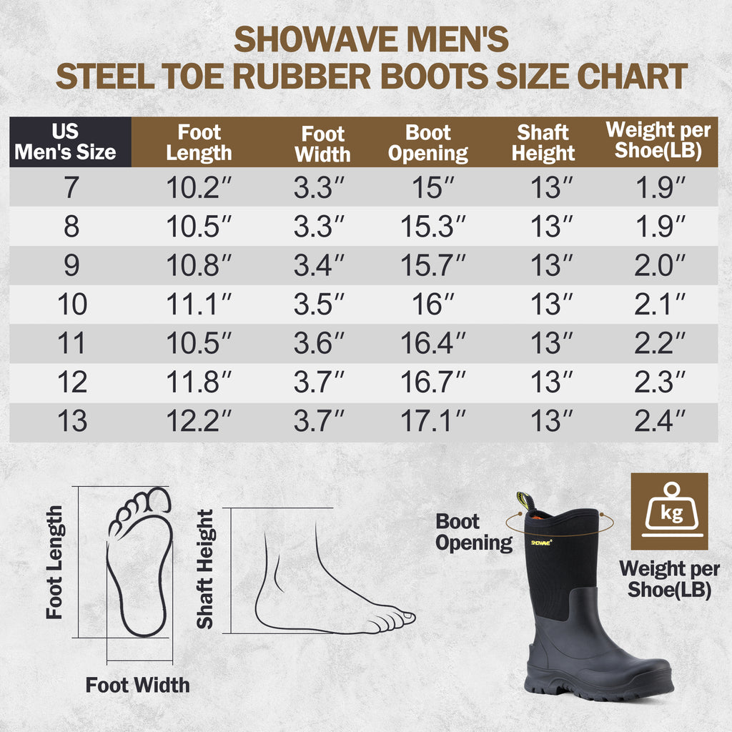 Showave Men's 13" Rubber Work Boots Steel Toe Rain Boots Waterproof Hunting Boot for Farming Construction Fishing Outdoor