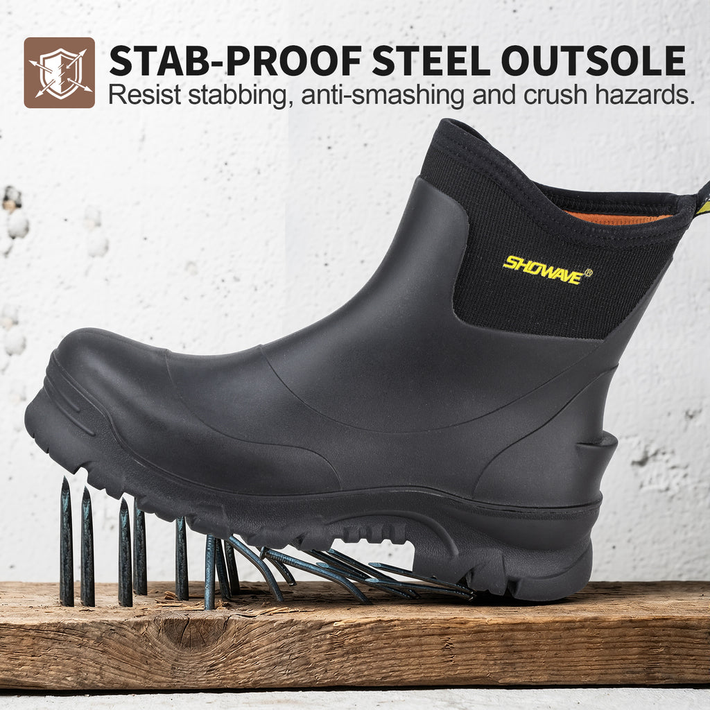 Showave Men's Short Steel Toe Rubber Work Boots Waterproof Rain Boot for Farming Construction Hunting Outdoor