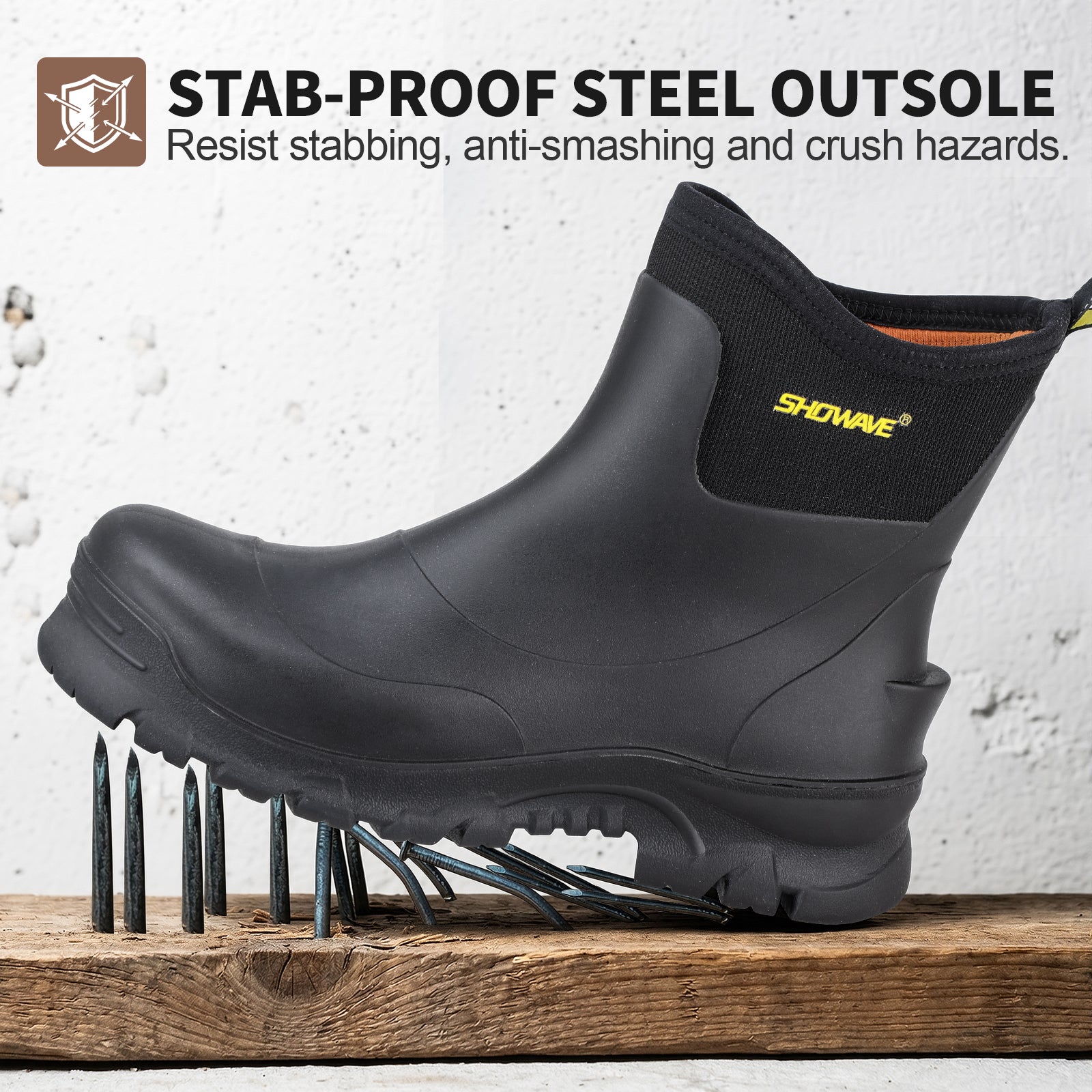 Showave Men's Short Steel Toe Rubber Work Boots Waterproof Rain Boot for Farming Construction Hunting Outdoor