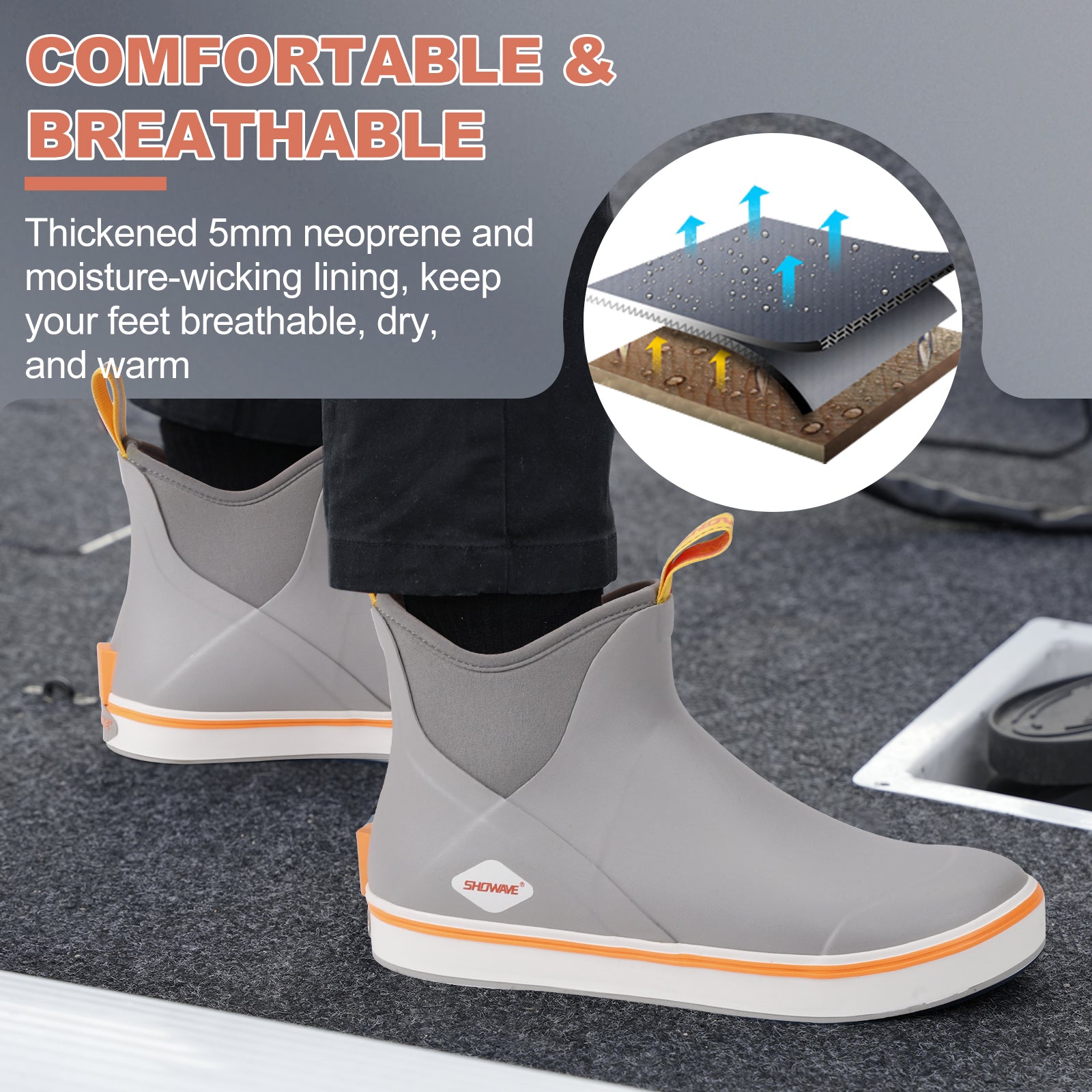 Showave Men's Deck Boots Waterproof Ankle Rubber Rain Boots Non-slip Boat Booties