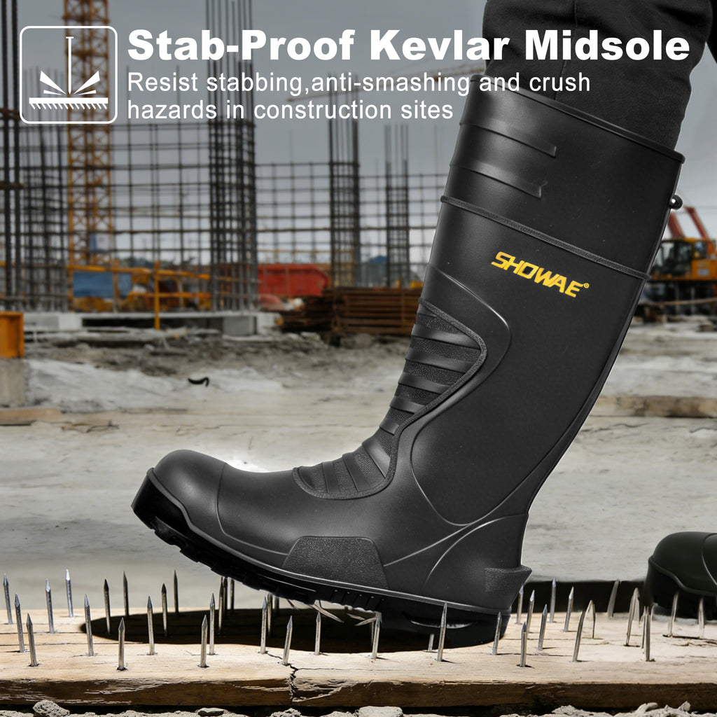 Showave Men's Steel Toe Rubber Boots – Kevlar Puncture-Proof Waterproof Work Boot for Construction & Agriculture