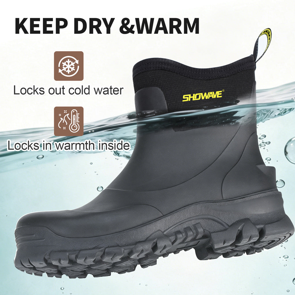 Showave Men's Short Steel Toe Rubber Work Boots Waterproof Rain Boot for Farming Construction Hunting Outdoor