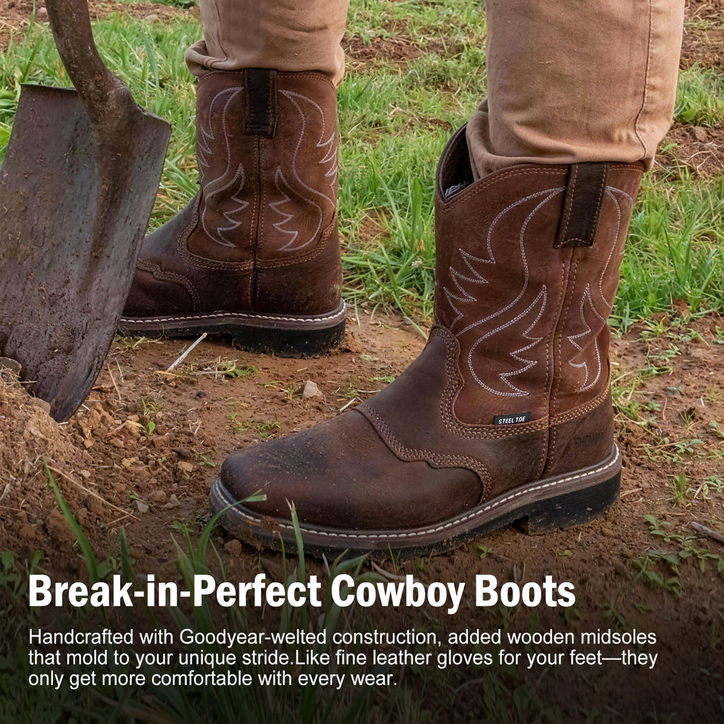 Showave Steel Toe Cowboy Boots for Men Western Square Toe Work Boot Full-grain Leather Safety Boots with Hazard Protection for Construction Manufacture Farming
