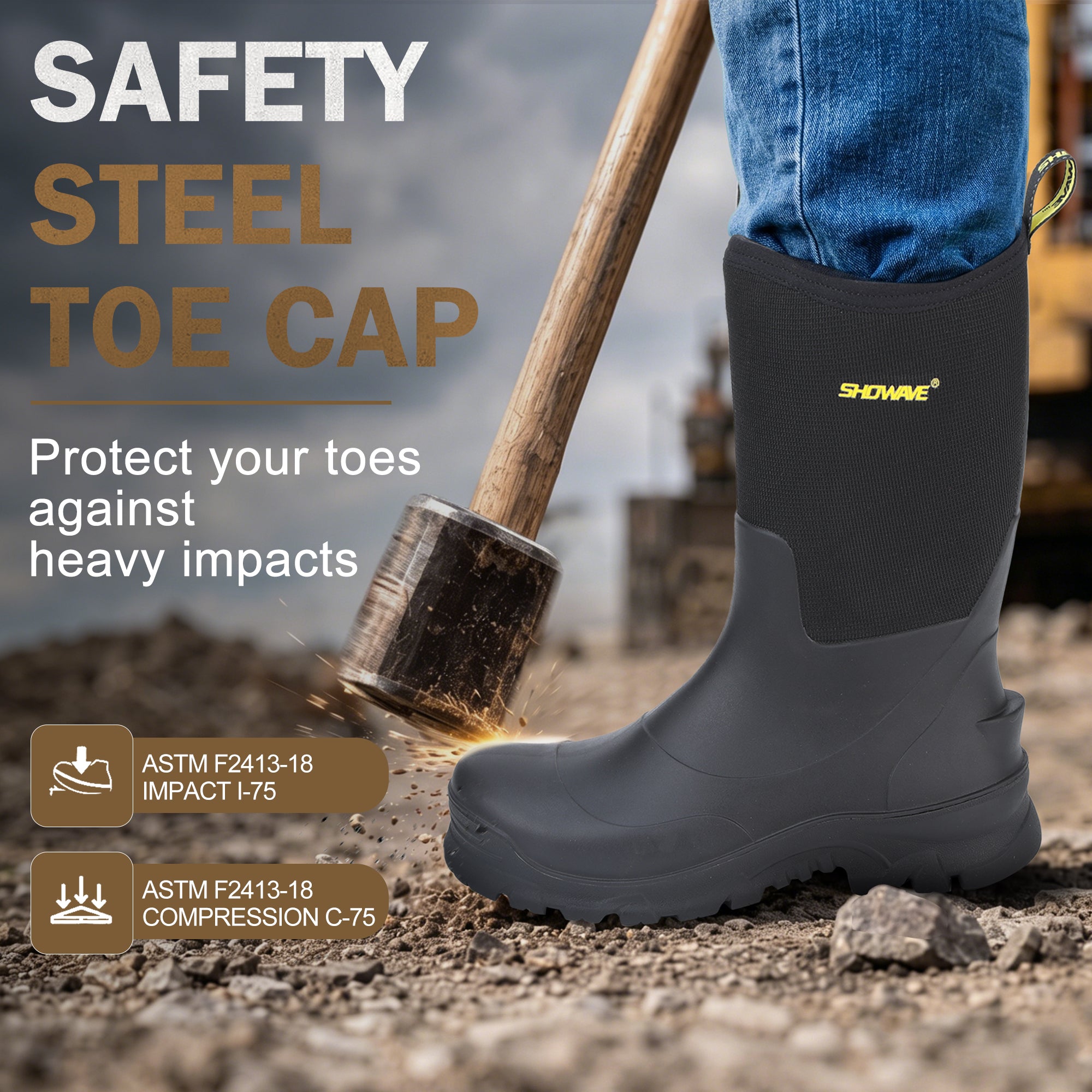 Showave Men's 13" Rubber Work Boots Steel Toe Rain Boots Waterproof Hunting Boot for Farming Construction Fishing Outdoor