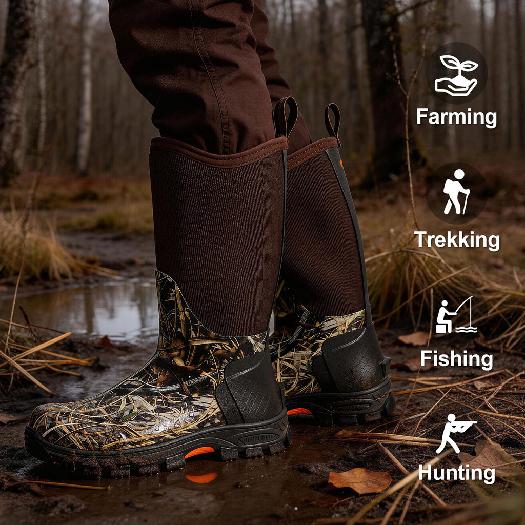 Showave Men's Rubber Hunting Boots Waterproof Rain Boots Insulated Neoprene Mud Boot Durable Arctic Outdoor Working Boot with Steel Shank