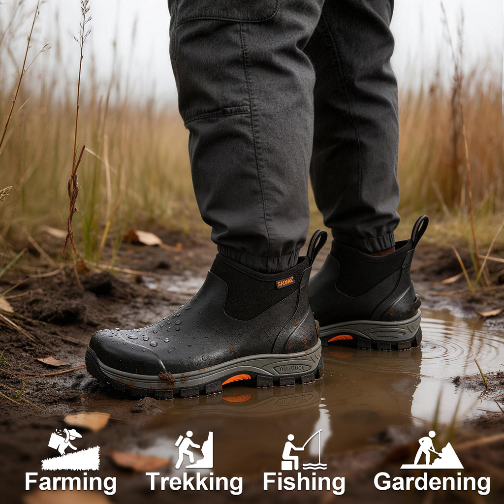 Showave Men's Excursion Ankle Rain Boots - Waterproof Rubber Mud Boot with Traction Lugs