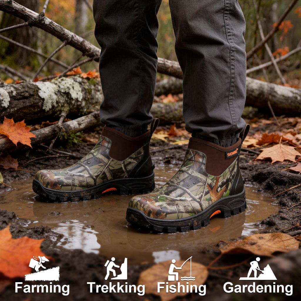 Showave Men's Excursion Ankle Rain Boots - Waterproof Rubber Mud Boot with Traction Lugs
