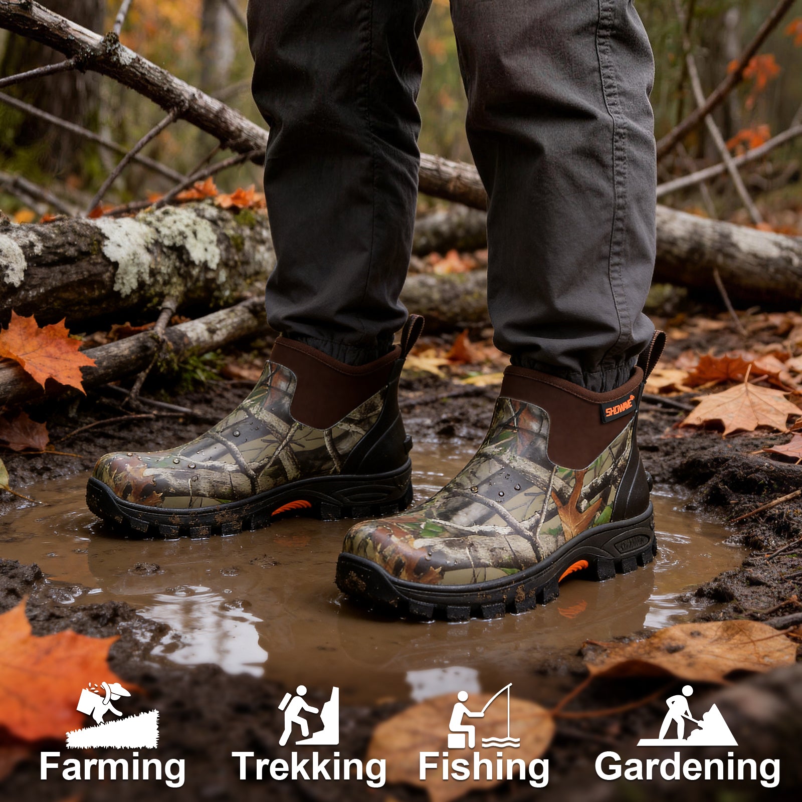 Showave Men's Excursion Ankle Rain Boots - Waterproof Rubber Mud Boot with Traction Lugs