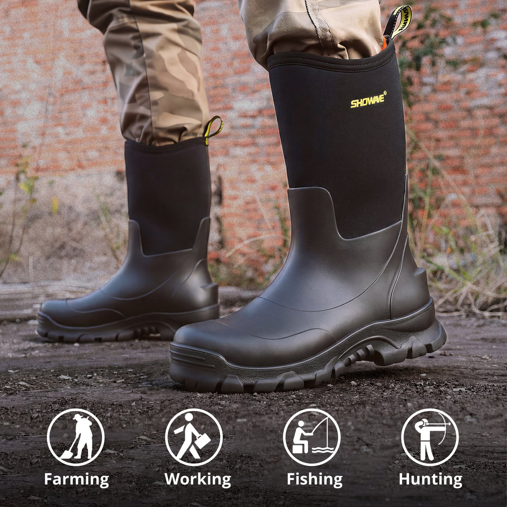 Showave Men's Rain Boots Mid Calf Mud Boot - Waterproof Insulated Rubber Boots for Gardening, Work & Outdoor
