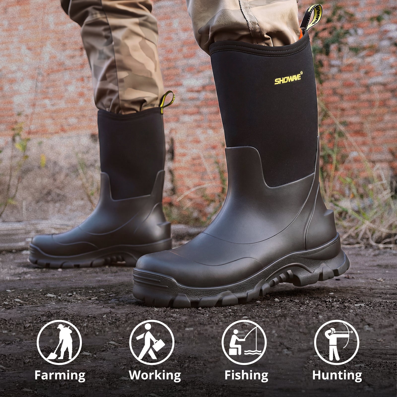 Showave Men's Rain Boots Mid Calf Mud Boot - Waterproof Insulated Rubber Boots for Gardening, Work & Outdoor