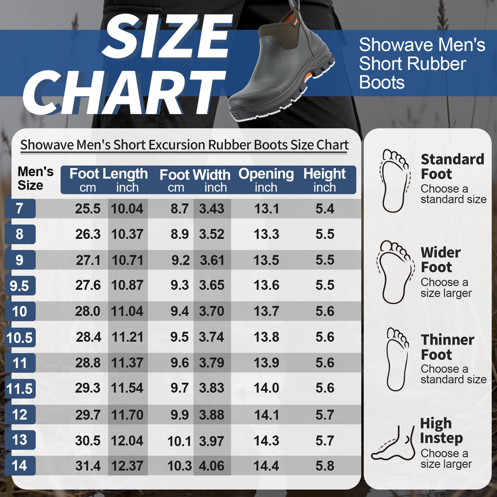 Showave Men's Excursion Ankle Rain Boots - Waterproof Rubber Mud Boot with Traction Lugs