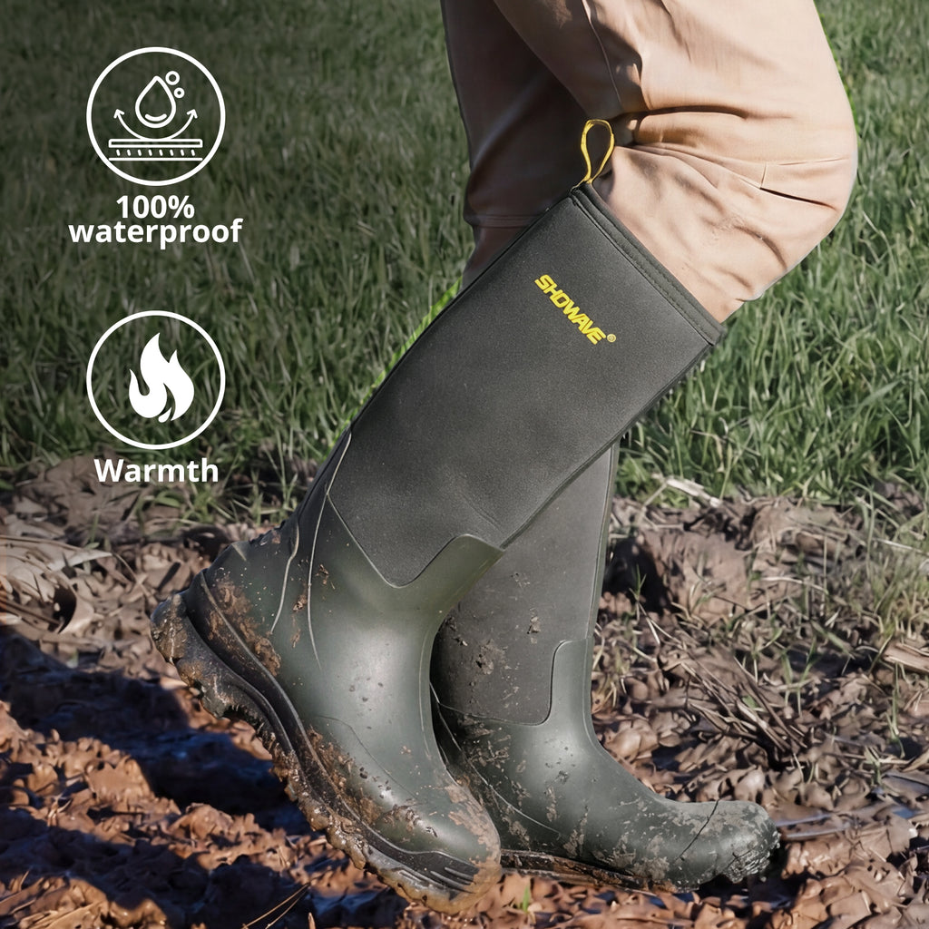 Showave Men's Knee High Waterproof Rubber Rain Boots - Insulated Mud Boot for Hunting & Outdoor