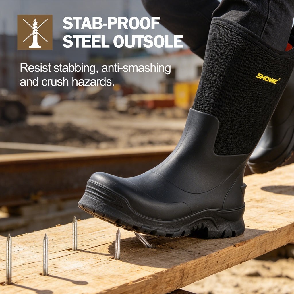 Showave Men's 13" Rubber Work Boots Steel Toe Rain Boots Waterproof Hunting Boot for Farming Construction Fishing Outdoor