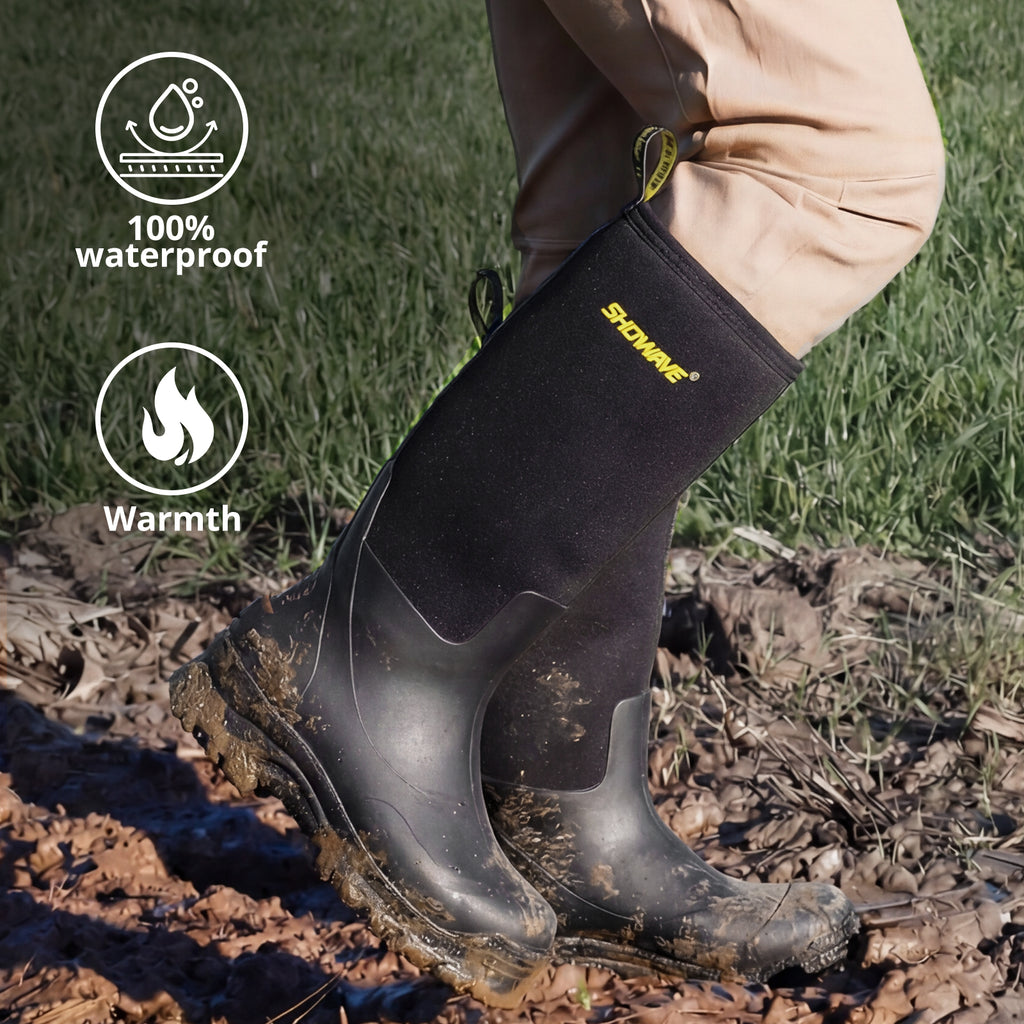 Showave Men's Knee High Waterproof Rubber Rain Boots - Insulated Mud Boot for Hunting & Outdoor