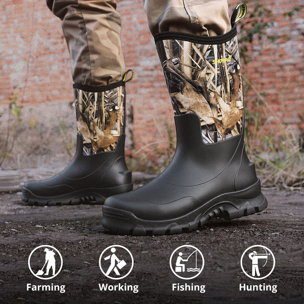 Showave Men's Rain Boots Mid Calf Mud Boot - Waterproof Insulated Rubber Boots for Gardening, Work & Outdoor