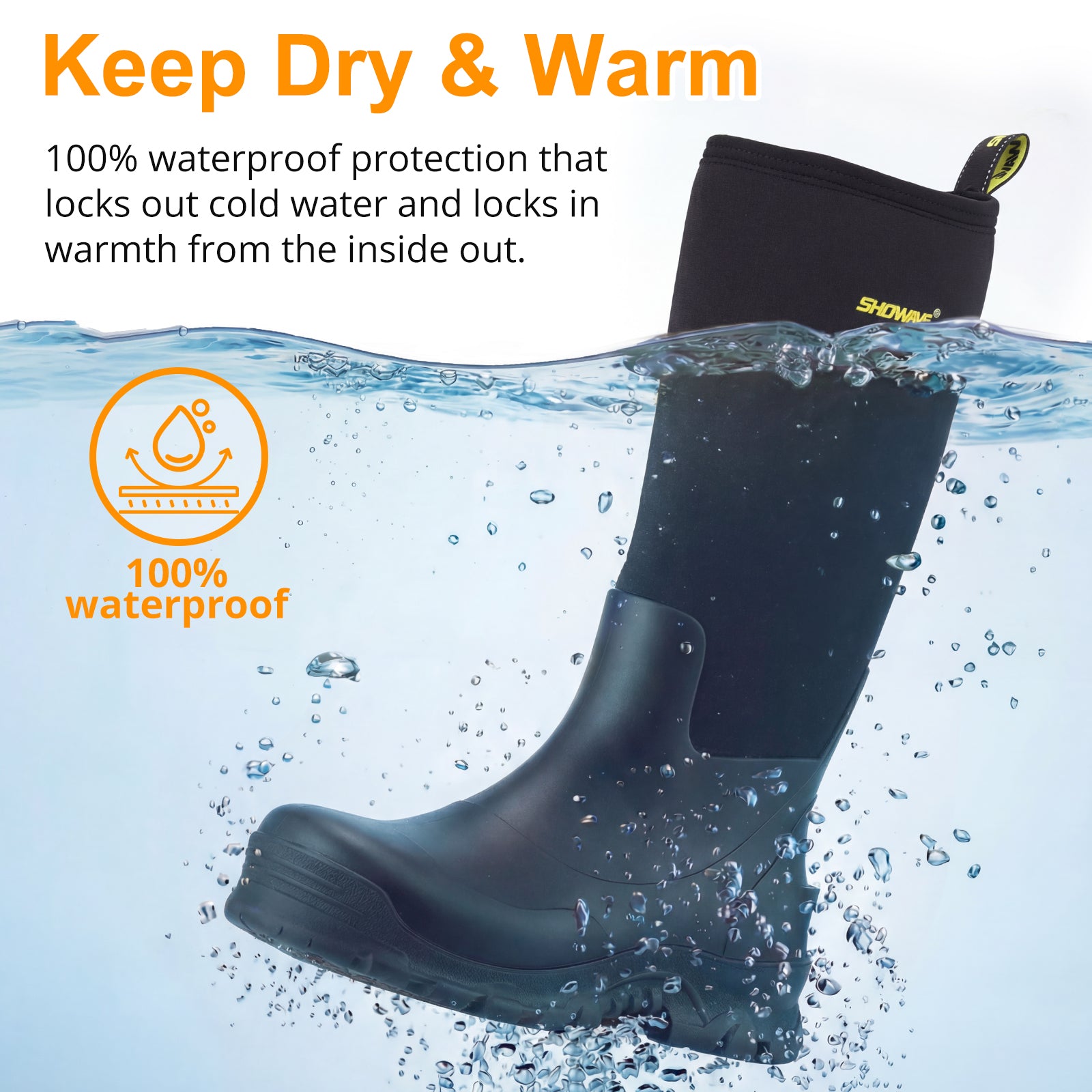 Showave Men's Knee High Waterproof Rubber Rain Boots - Insulated Mud Boot for Hunting & Outdoor