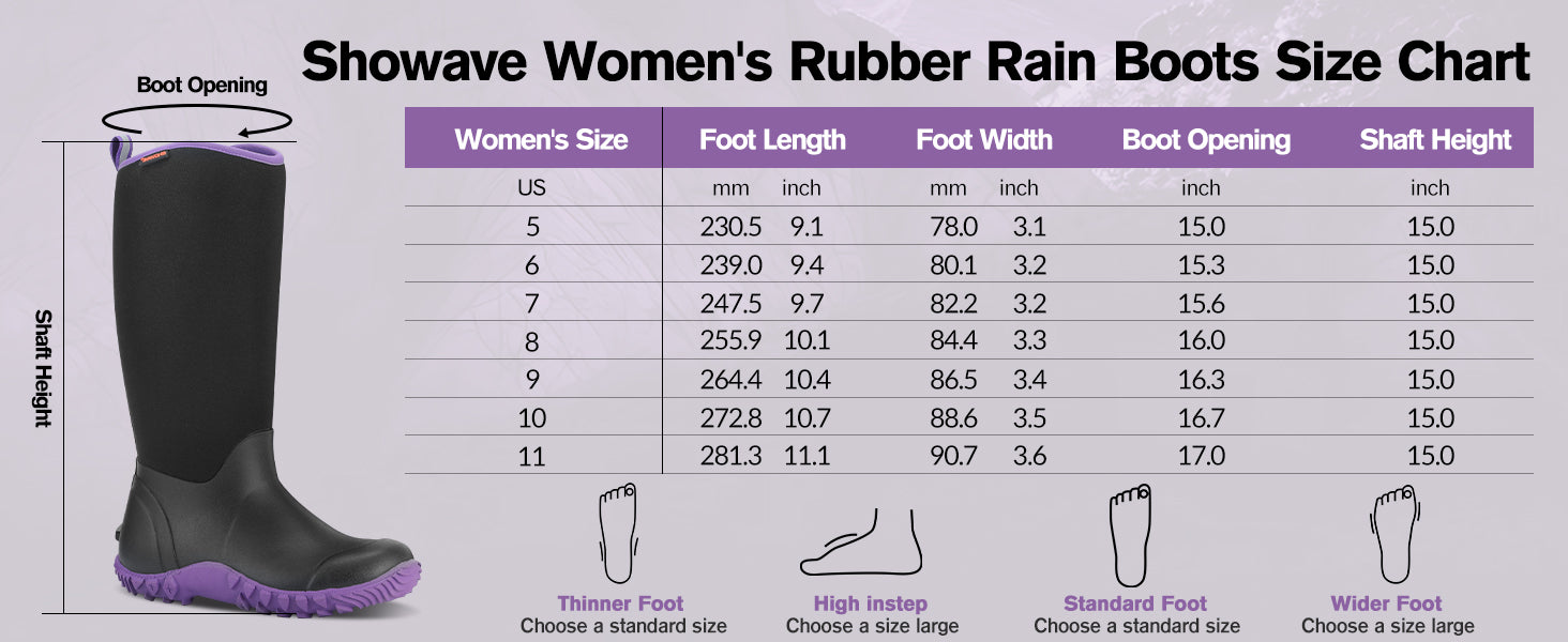 Showave Women's Tall Insulated Rubber Rain Boots - Waterproof Neoprene Mud Boot