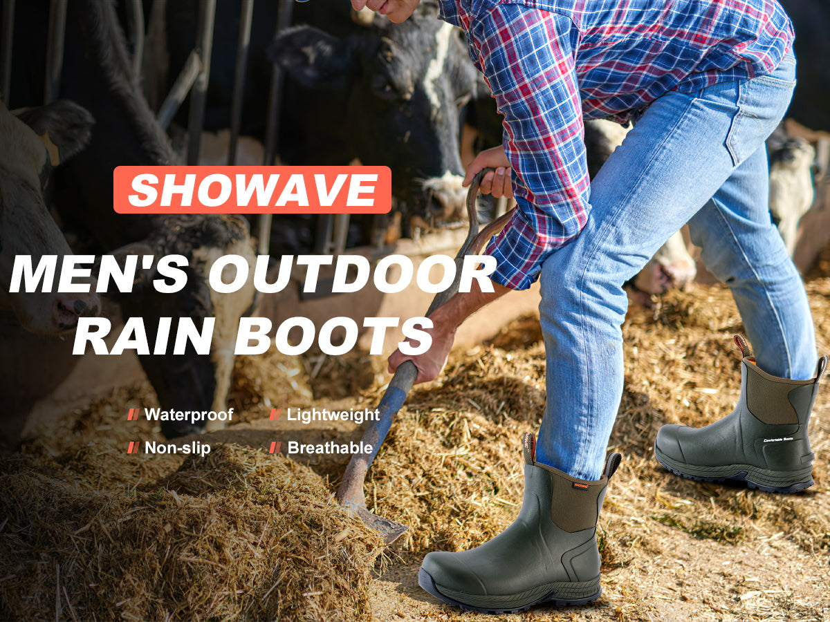 Showave Men's Rain Boots Waterproof Excursion Rubber Boots Insulated Mud Booties