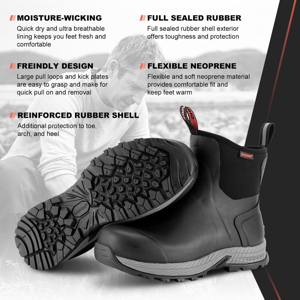 Showave Men's Rain Boots Waterproof Excursion Rubber Boots Insulated Mud Booties