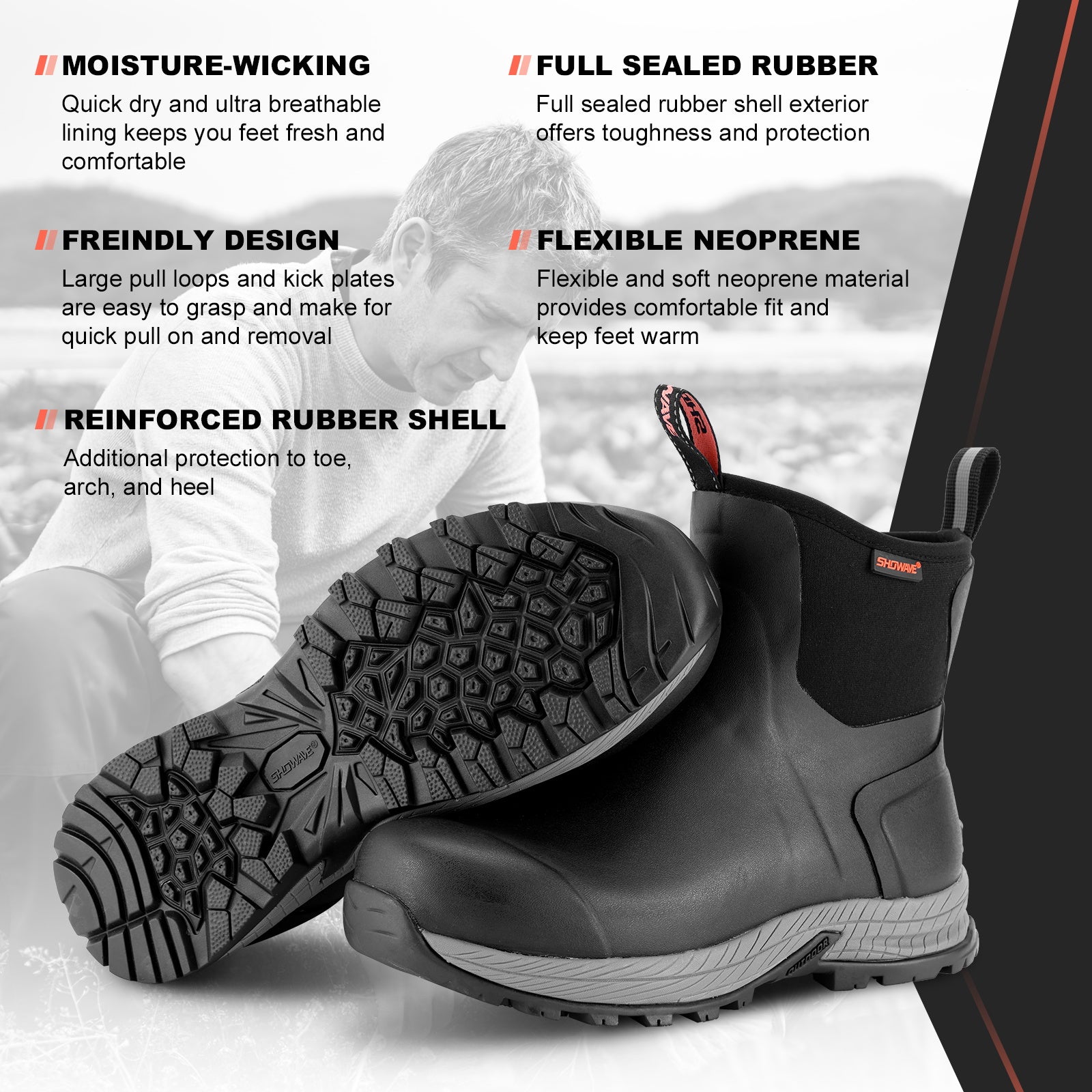 Showave Men's Rain Boots Waterproof Excursion Rubber Boots Insulated Mud Booties