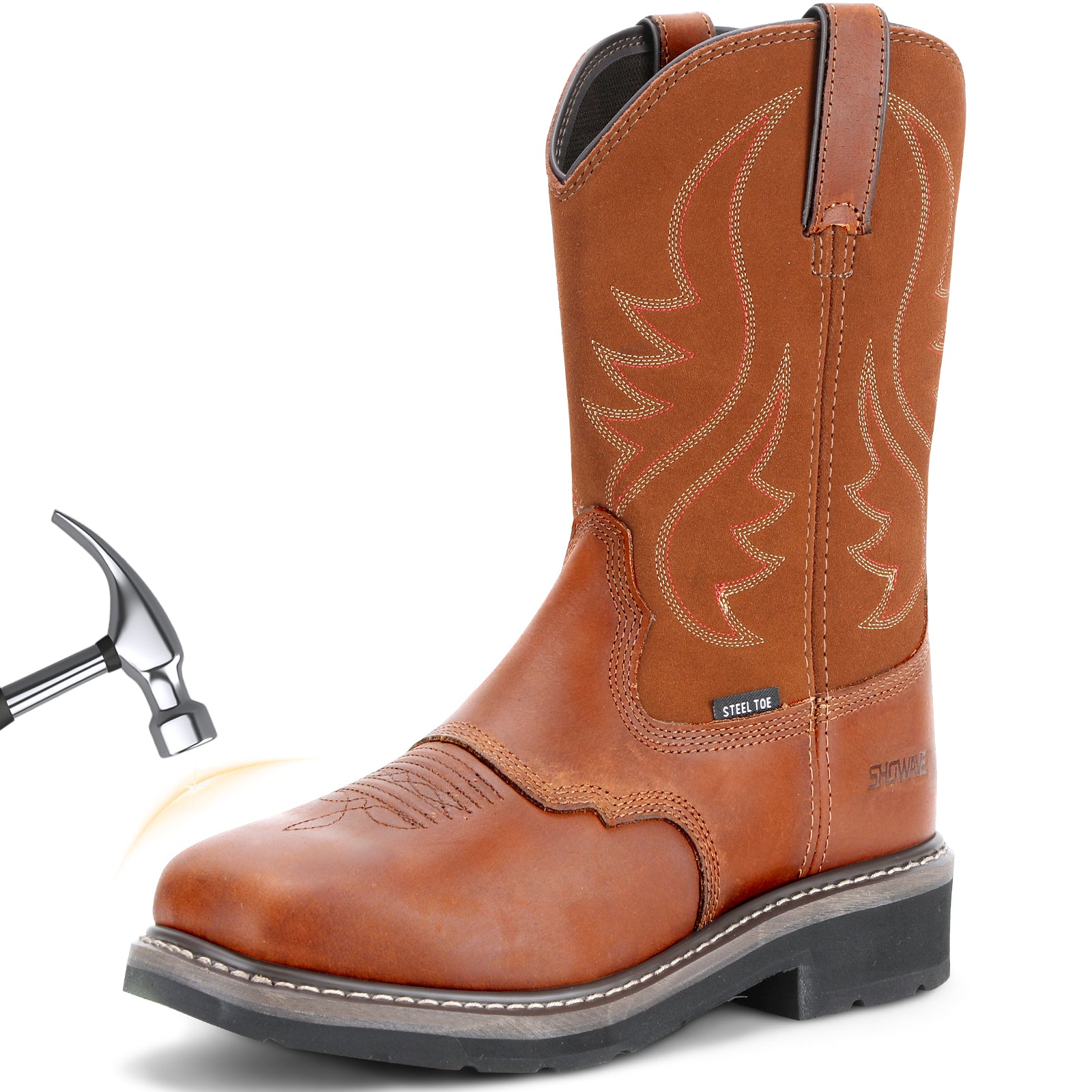 Showave Steel Toe Cowboy Boots for Men Western Square Toe Work Boot Full-grain Leather Safety Boots with Hazard Protection for Construction Manufacture Farming